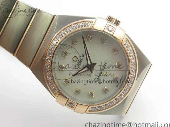 0212 NewStyle Constellation Ladies 27mm ZF 1:1 Best Edition SS RG White MOP Dial Diamonds Bezel & Markers on SS RG Bracelet ETA Quartz 7943